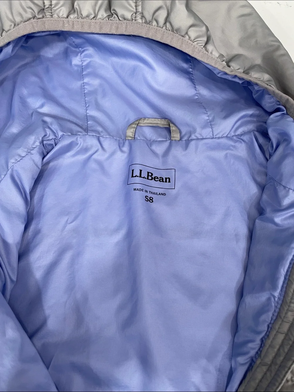 L.L. Bean Kids' Hooded Puffer Jacket in Light Gray with Lavender Trim